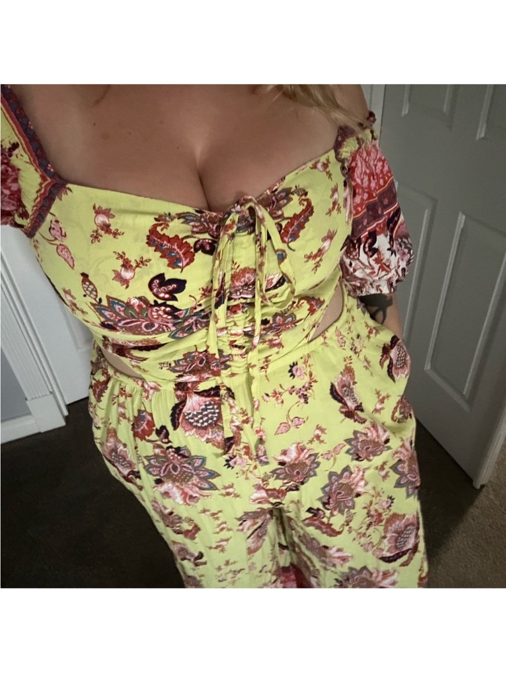 Free People Yellow Floral Smocked jumpsuit boho